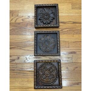 Set of 3 Decorative Floral Wood Plaquie Panel Framed Art Hand Carved.